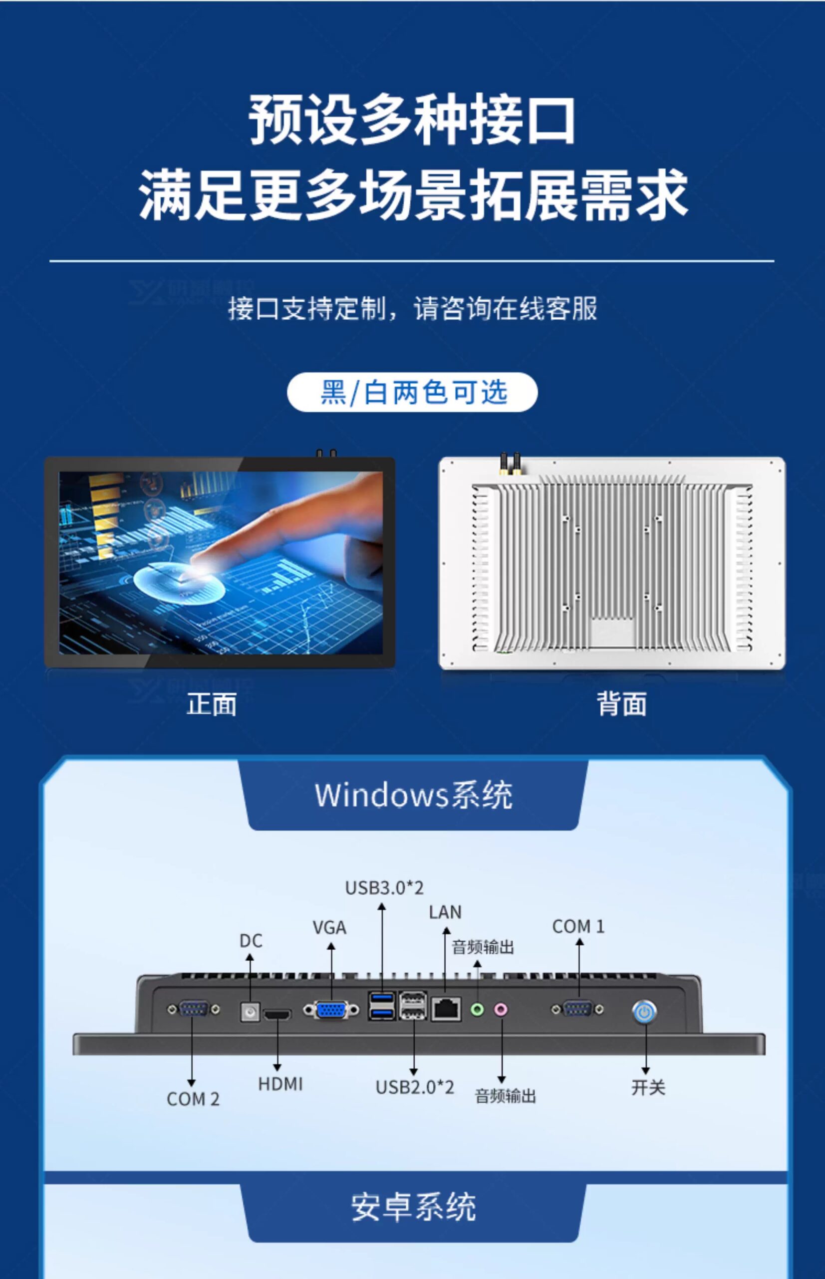 研显触控G3窄边框工控平板电脑预设多种IO接口，满足更多场景的拓展需求
