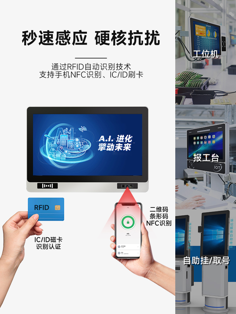 研显触控G1K刷卡扫码多功能工控一体机通过RFID自动识别技术，支持手机NFC、IC、ID刷卡，快速完成身份认证