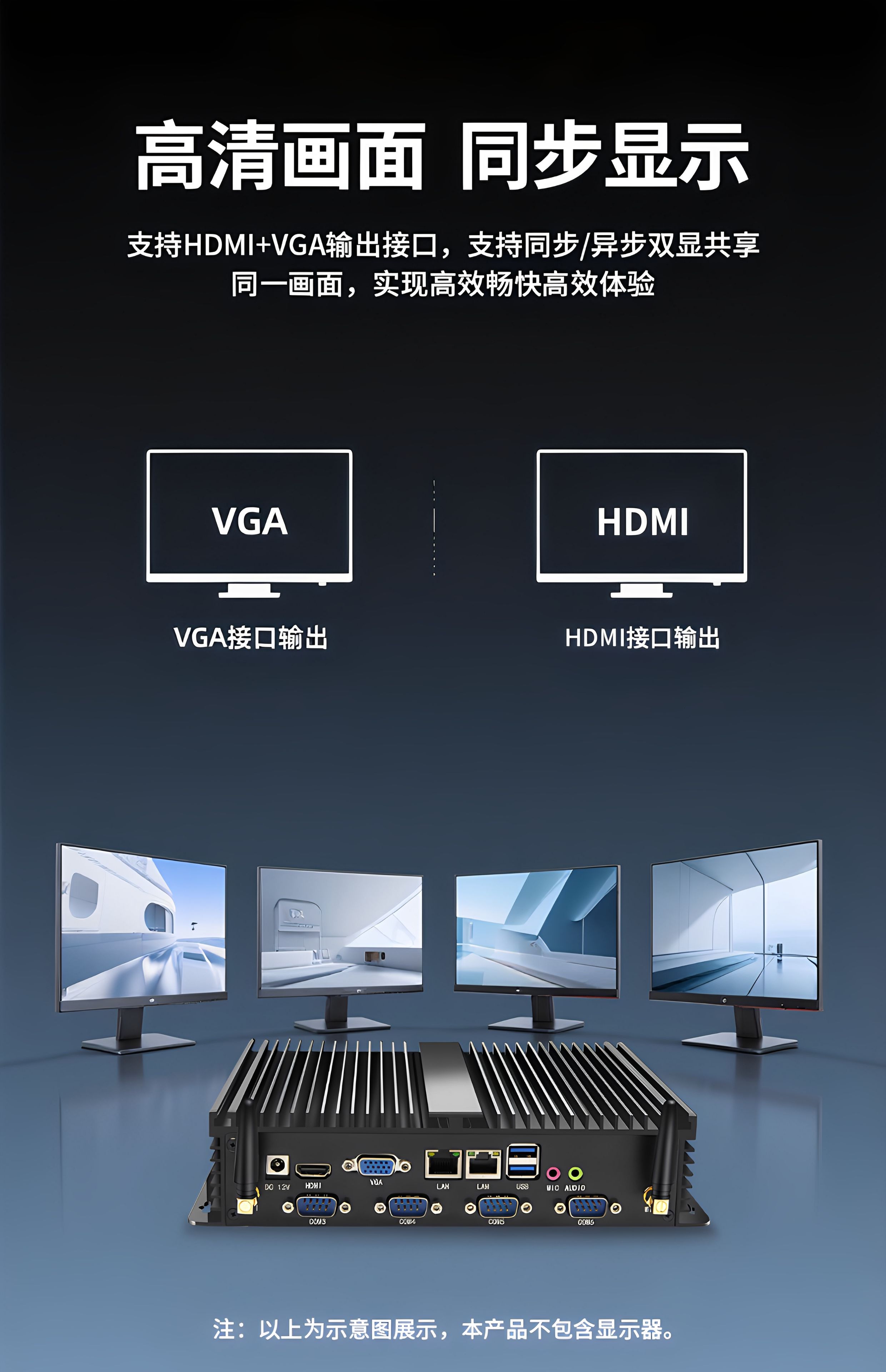 研显触控K1工控小主机支持HDMI、VGA双屏同步、异步显示