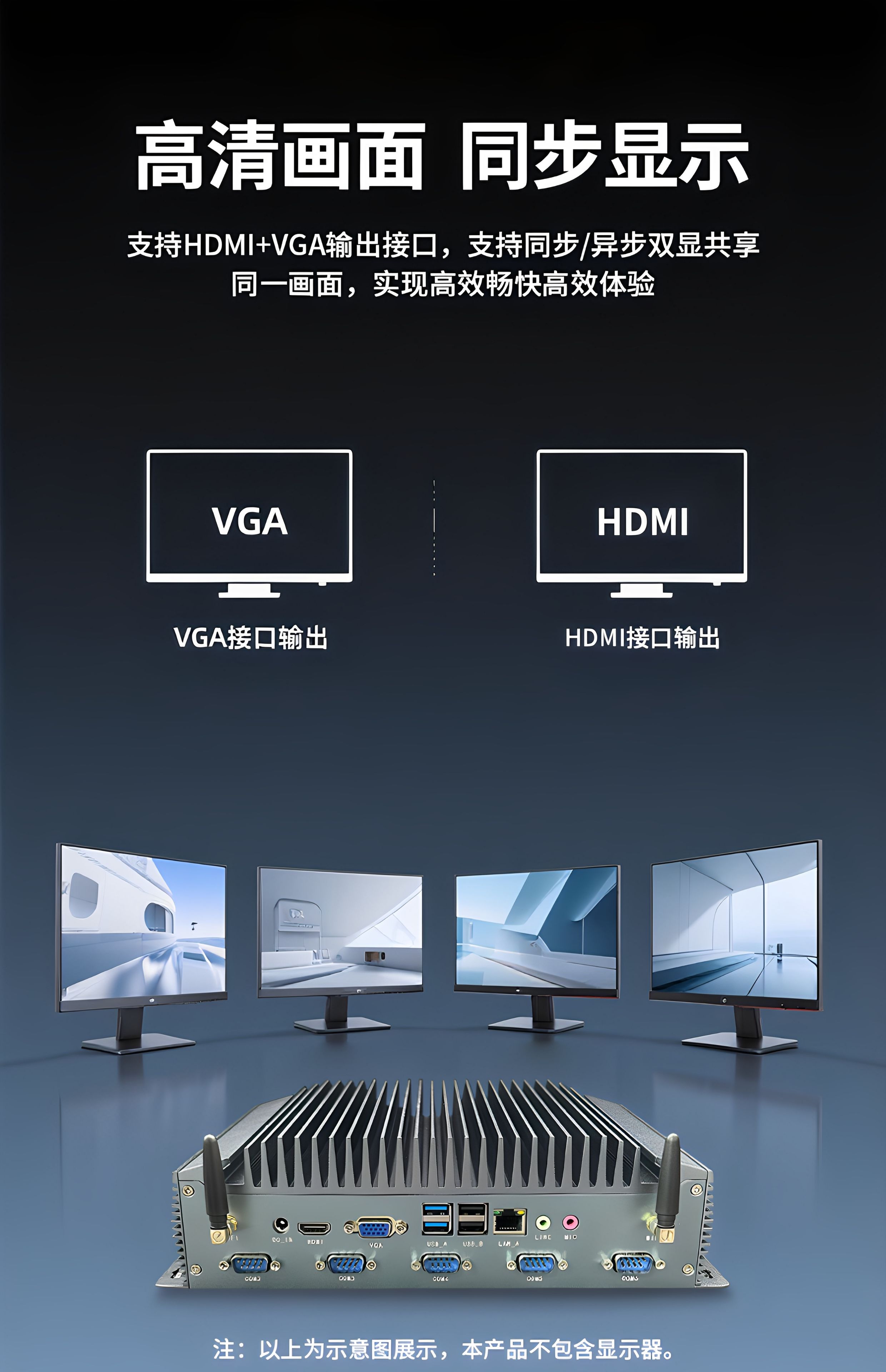 研显触控K2强固型工控主机支持HDMI、VGA双屏同步或异步显示，多屏操作更灵活