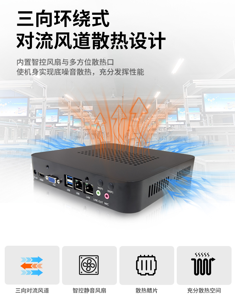 研显触控K3工业迷你主机采用内置智控风扇与多方位散热口，使机身实现低噪音散热，充分发挥性能