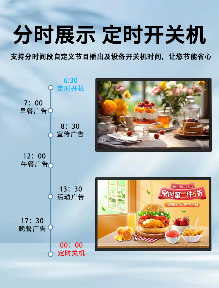 研显触控A1智能壁挂广告机支持分时间段自定义节目播出及设备开关机时间