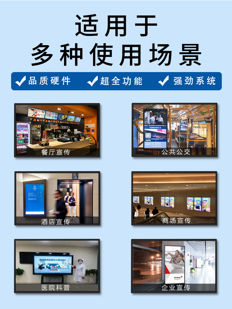 研显触控A1智能壁挂广告机广泛应用于酒店餐饮、交通枢纽、零售商超、医疗教育等使用场景