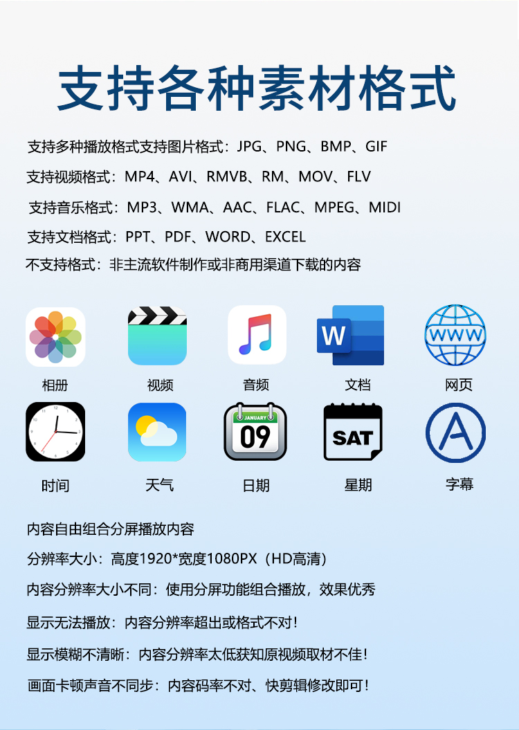 研显触控A1智能壁挂广告机兼容播放多种素材格式