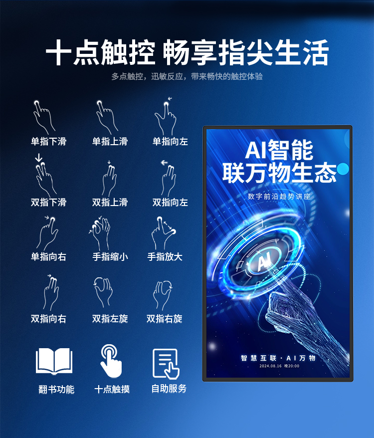 研显触控A2商用壁挂广告机支持电容式十点触控以及十余种手势操作