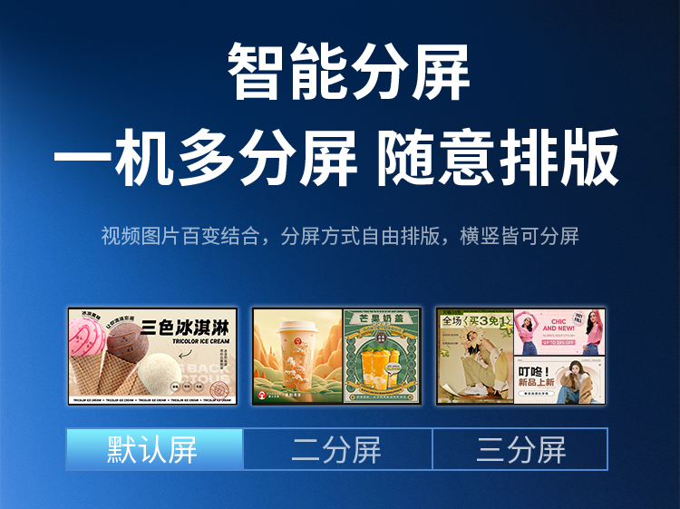 研显触控A2商用壁挂广告机支持一机多屏随意排版，视频、图片百变组合，更自由的分屏排版