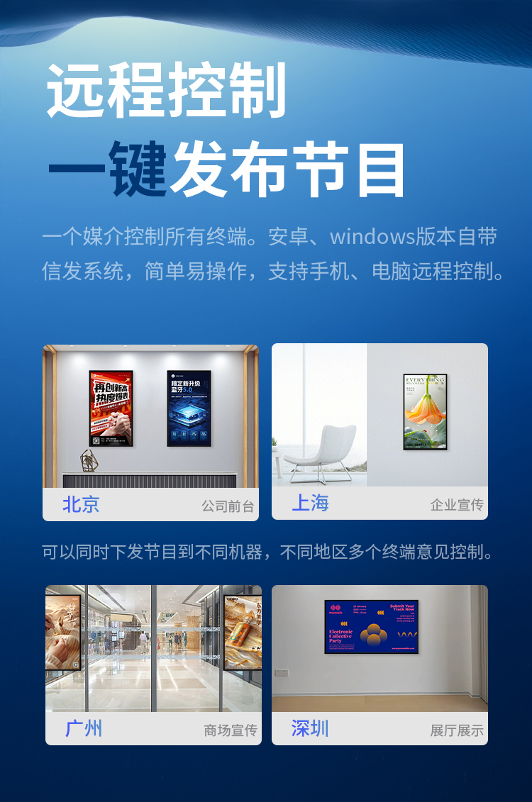 研显触控A5高清智能壁挂广告机支持手机、电脑远程控制管理，一键发布节目，一个媒介控制所有终端，简单易操作