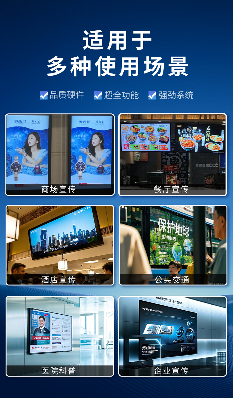 研显触控A5高清智能壁挂广告机被广泛应用于酒店商超、零售餐饮、交通枢纽、医疗教学等应用场景