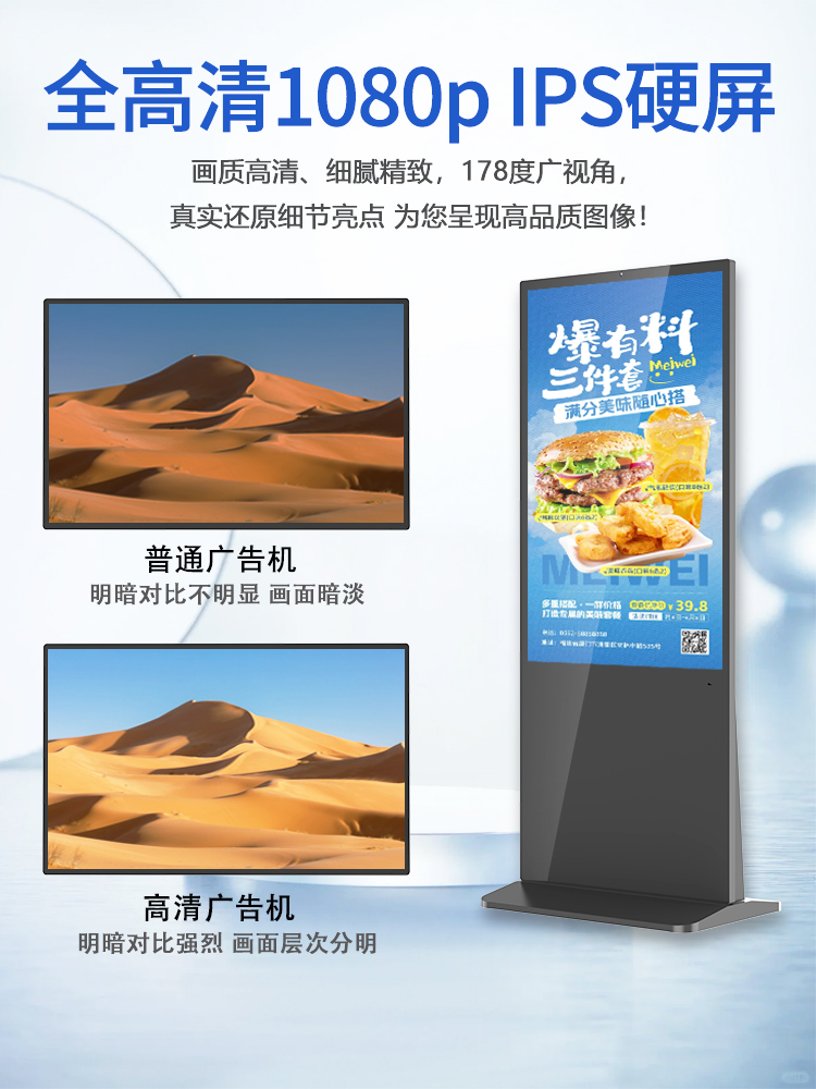 研显触摸A6立式智能广告机采用IPS硬屏，拥有1080P高清分辨率，支持定制2K、4K超高分辨率，具备178度广视角，在任何解决也能清晰呈现广告内容