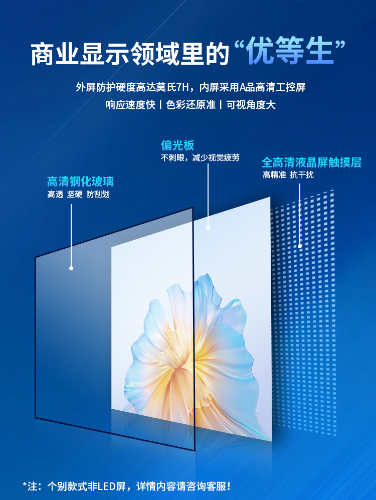 研显触控A7触摸查询一体机外屏采用莫氏7H的钢化玻璃，内屏采用A规高清工业级显示屏，响应速度快，色彩还原准，可视角度大