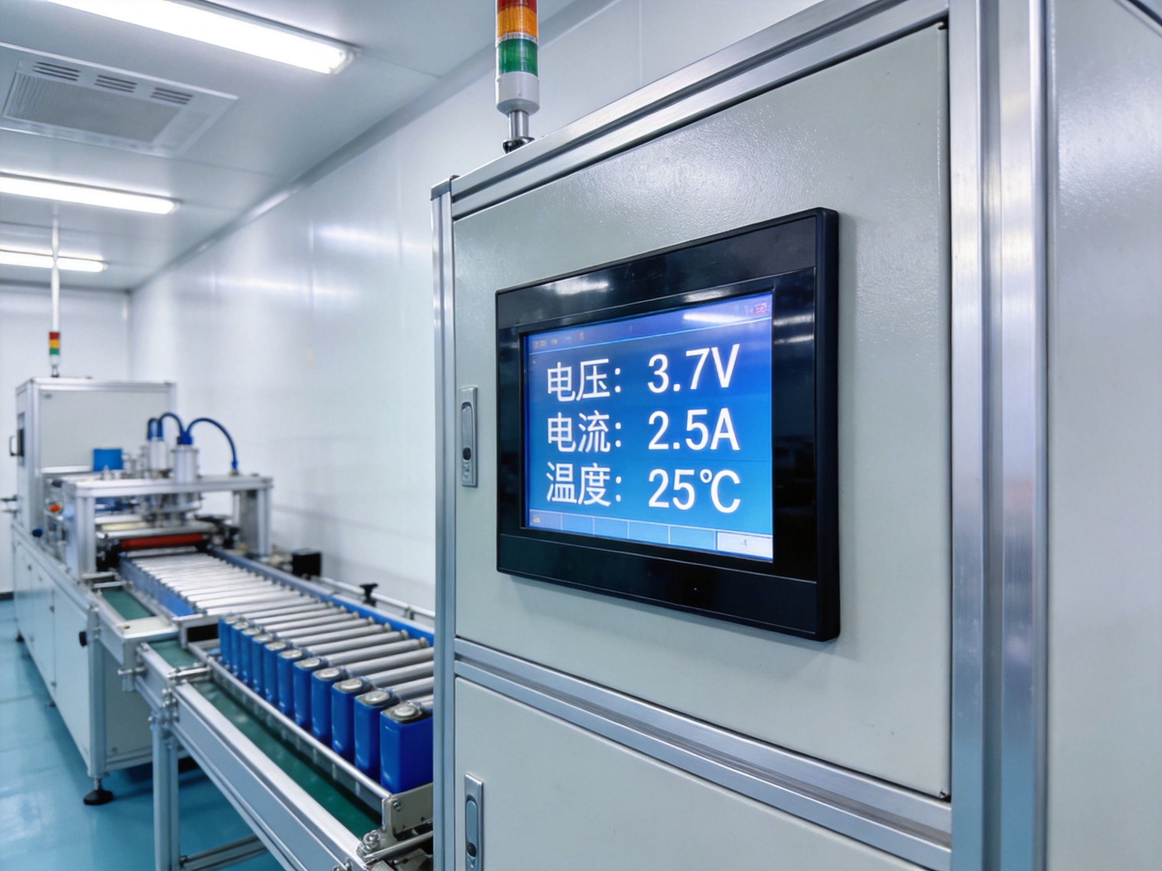 锂电池洁净车间内的嵌入式工业一体机，安装在设备机柜上
