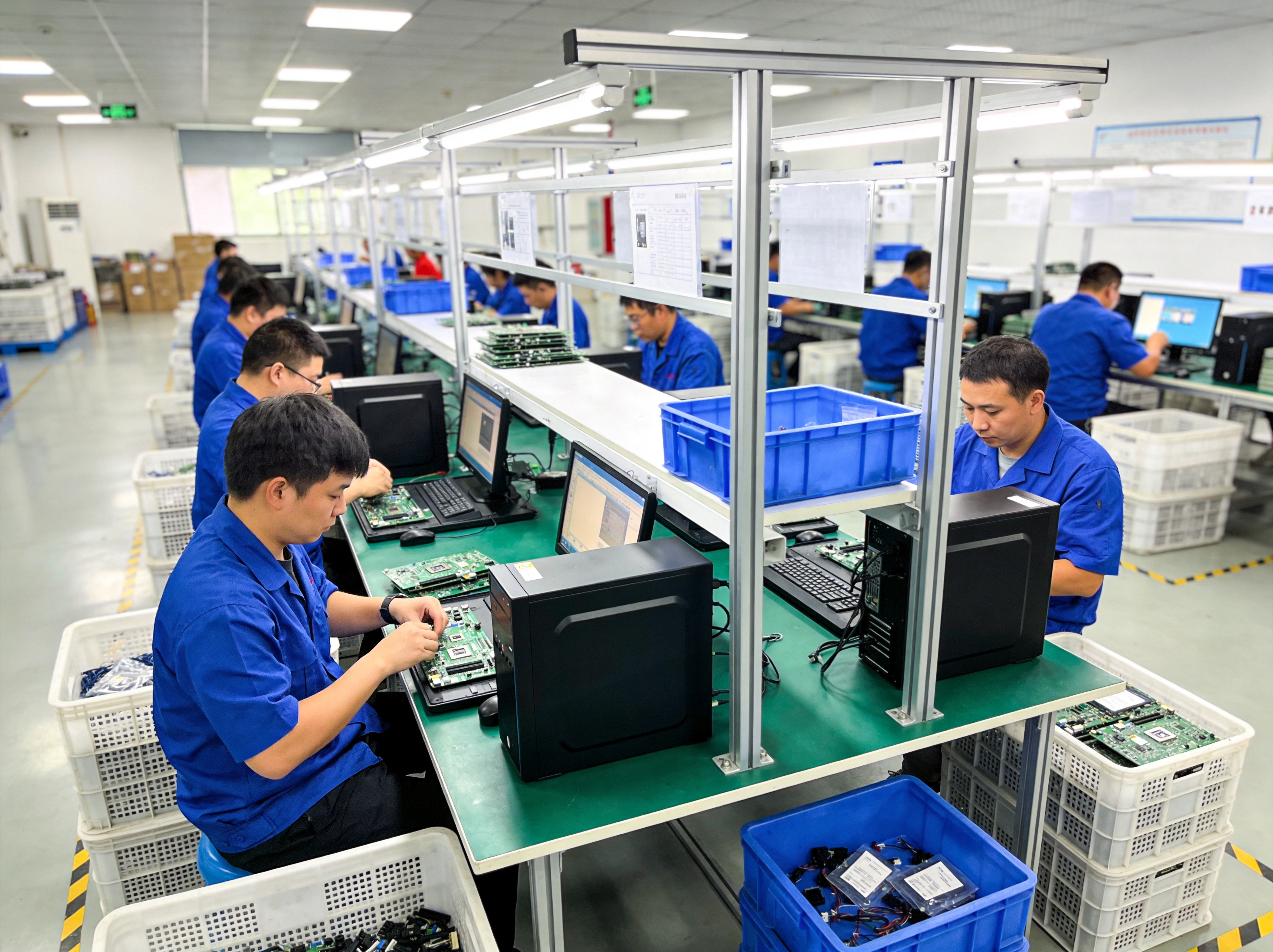 国产工业一体机组装产线,工人们正在组装测试 国产工业一体机组装产线