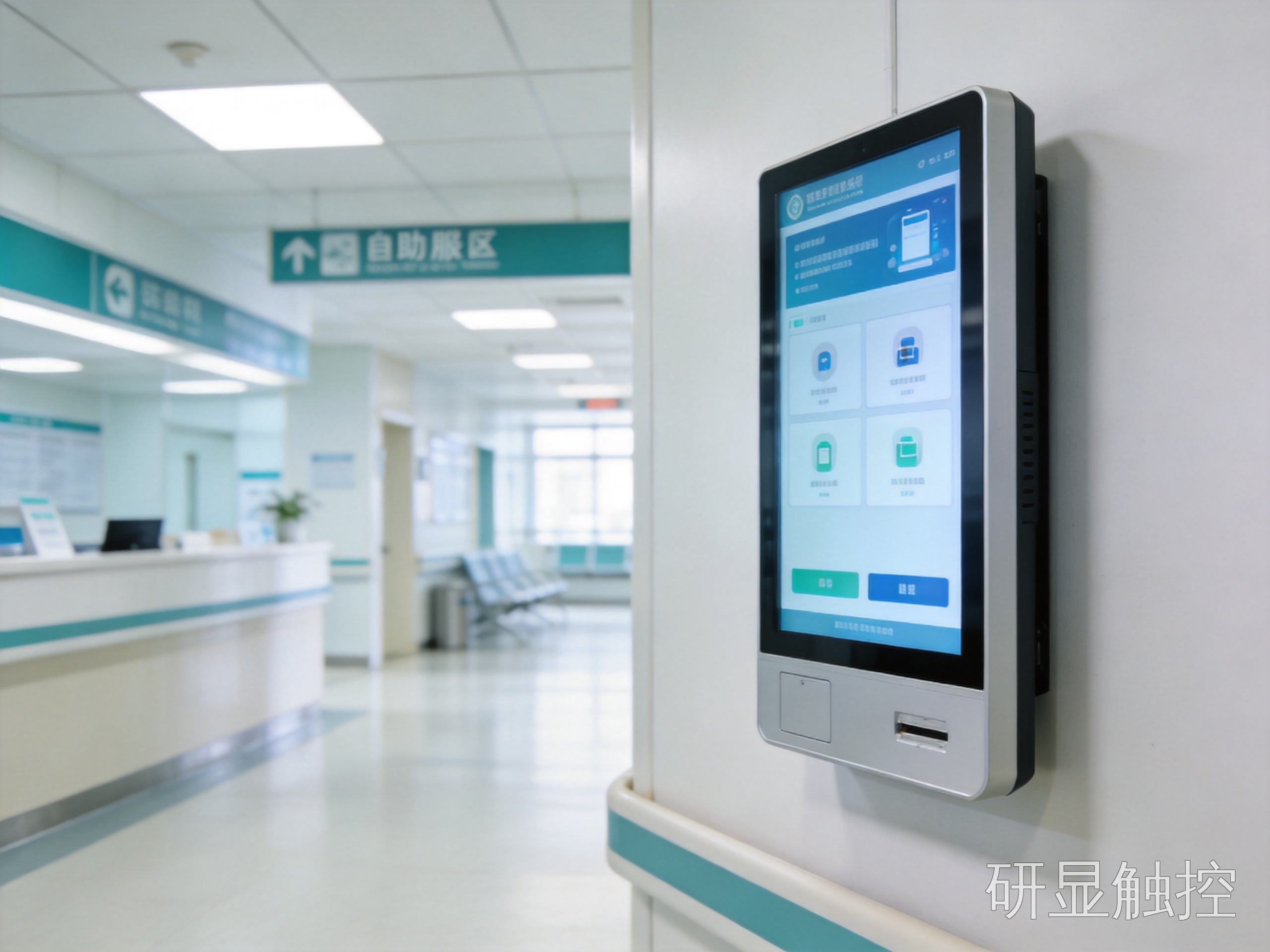医疗终端洁净防护与交互 医疗自助区壁挂纯平面无缝工业触控一体机