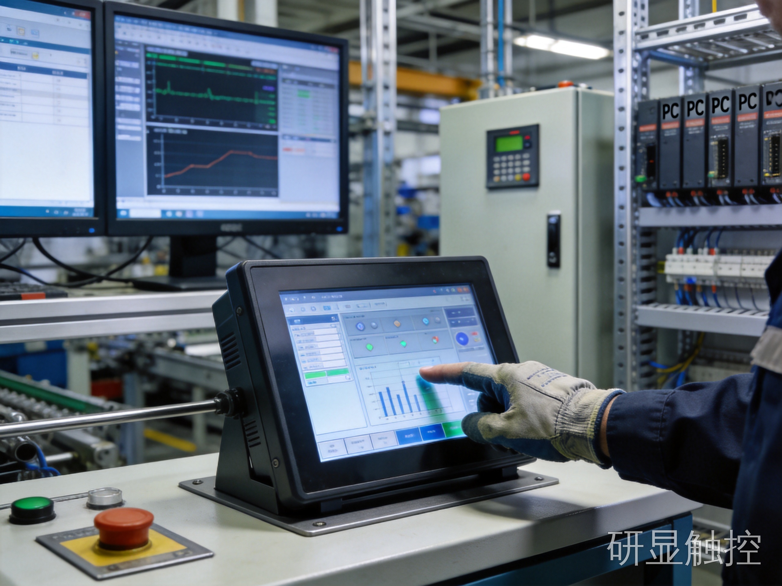 自动化产线控制室中工控屏工业一体机多点触控操作场景