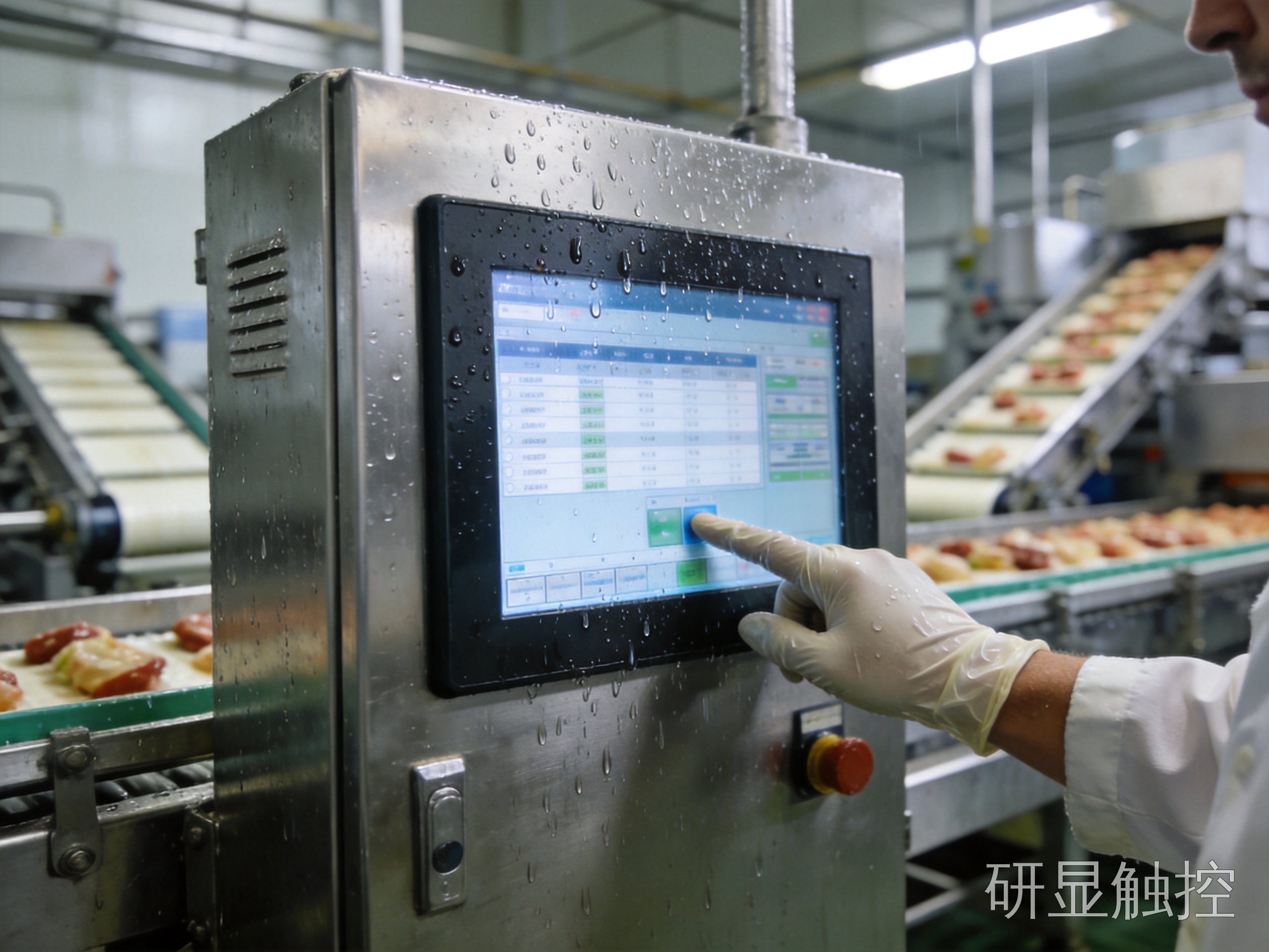 潮湿食品加工车间中工控屏工业一体机触摸操作场景
