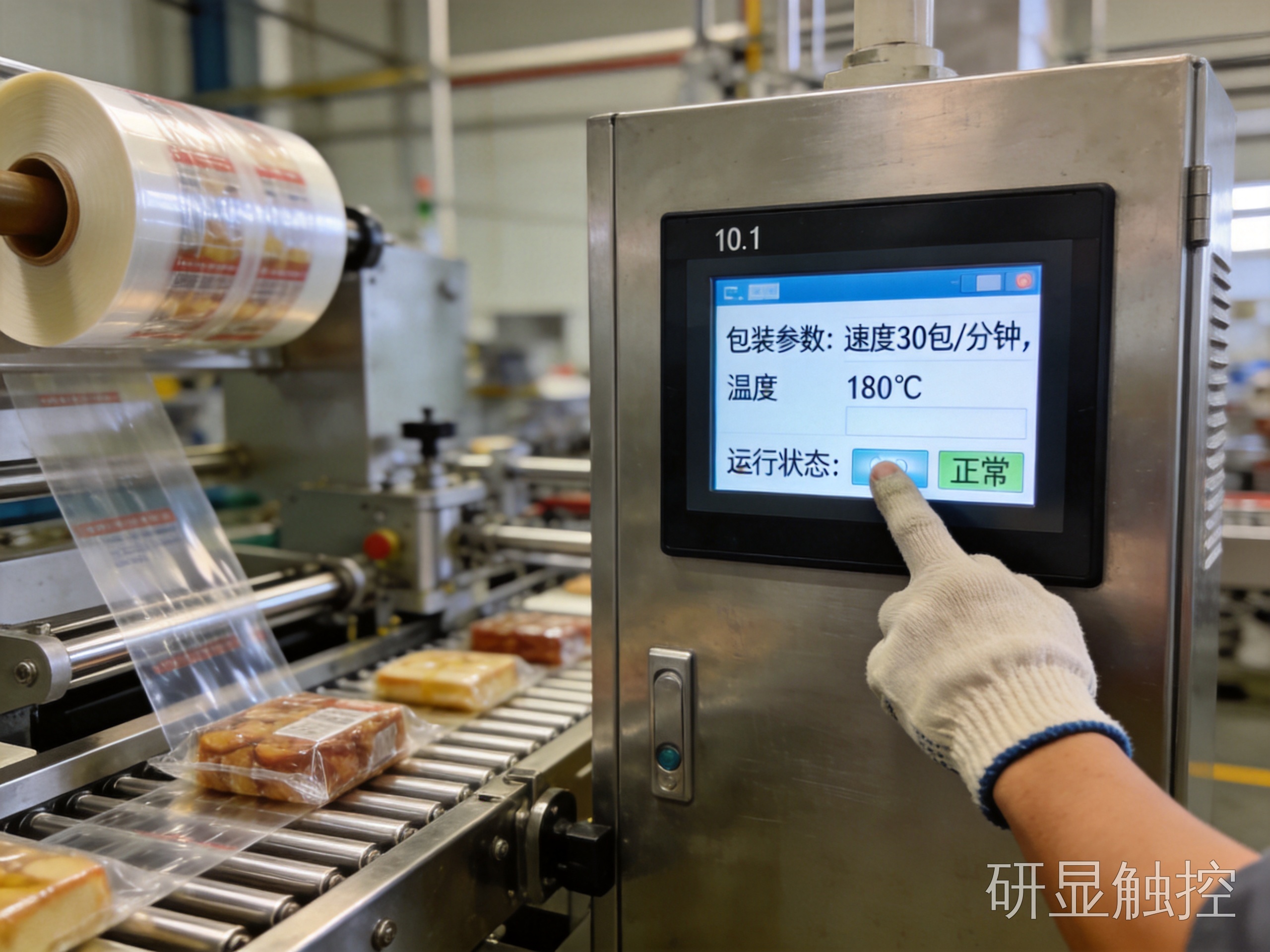 自动化包装设备控制面板上的10.1寸嵌入式工业显示器