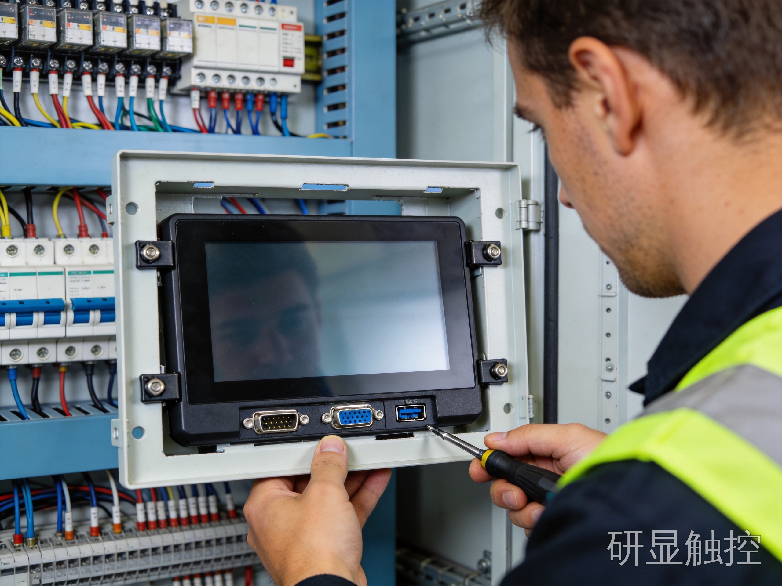 工程师在控制柜面板上安装调试10.1寸工业显示器