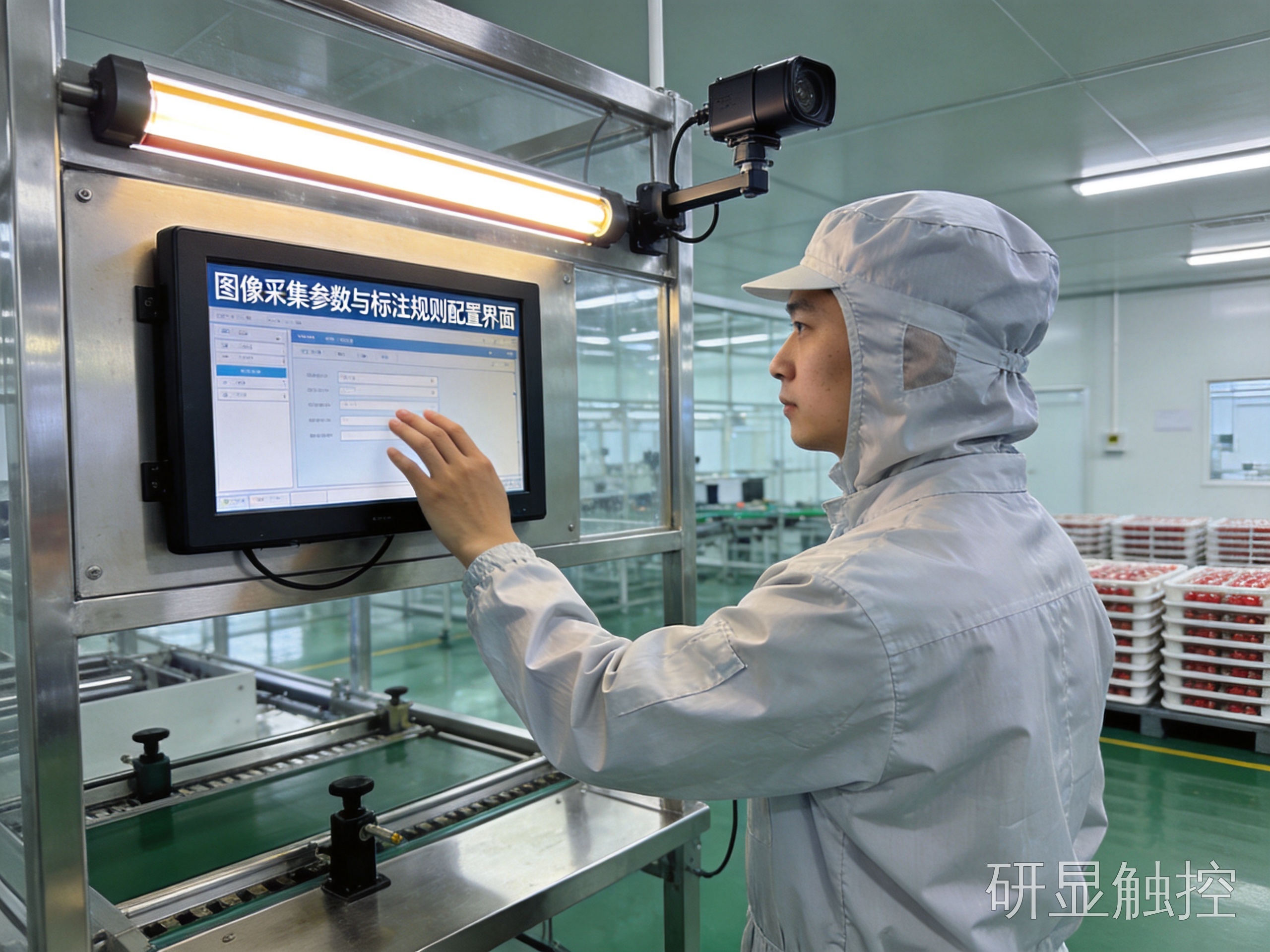 15寸工业显示屏图像采集工位 洁净车间图像采集工位壁挂安装的15寸工业显示屏与受控光源