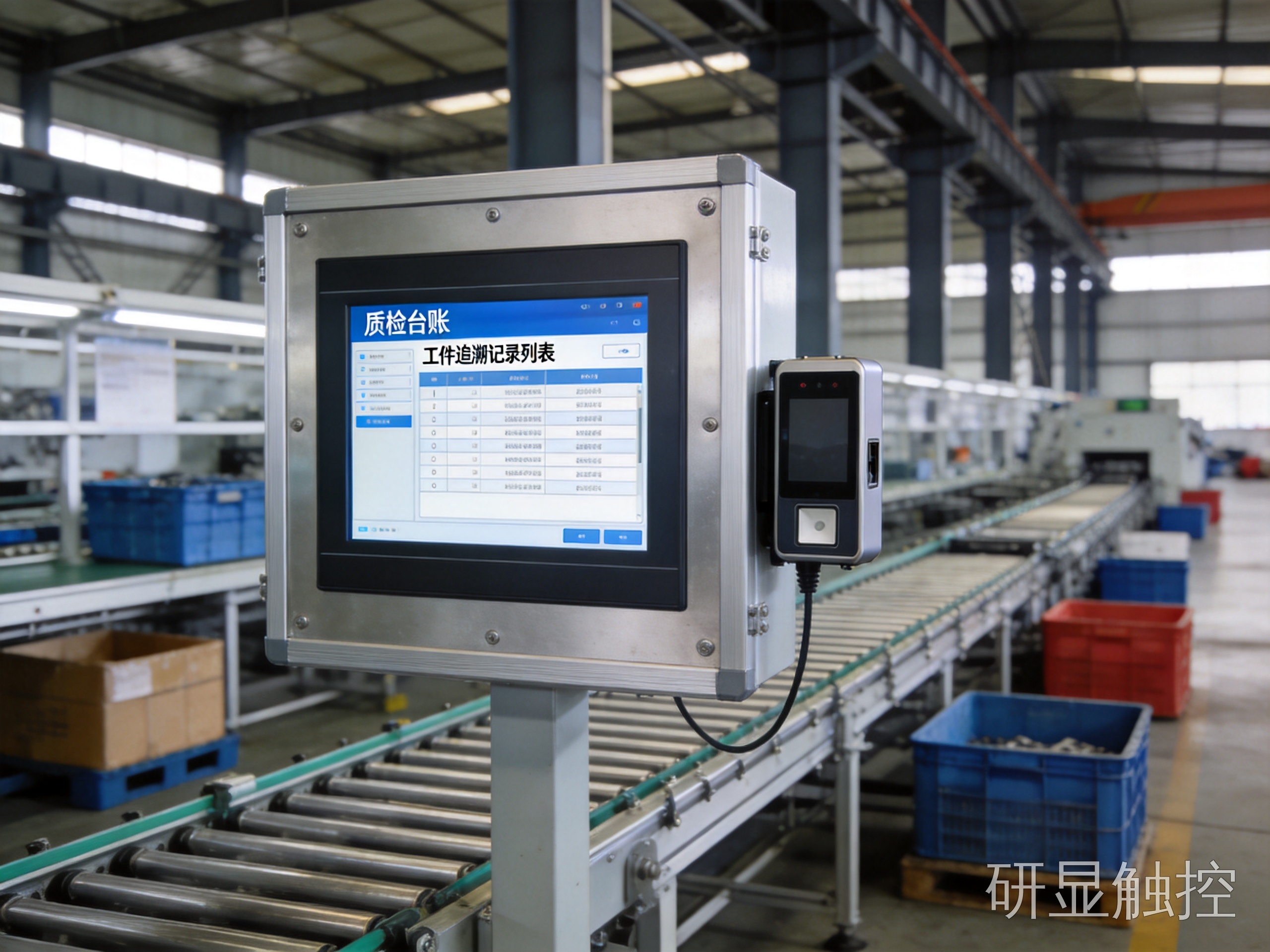15寸工业显示屏追溯工位 产线末端追溯工位中全封闭无风扇的15寸工业显示屏与扫码模块