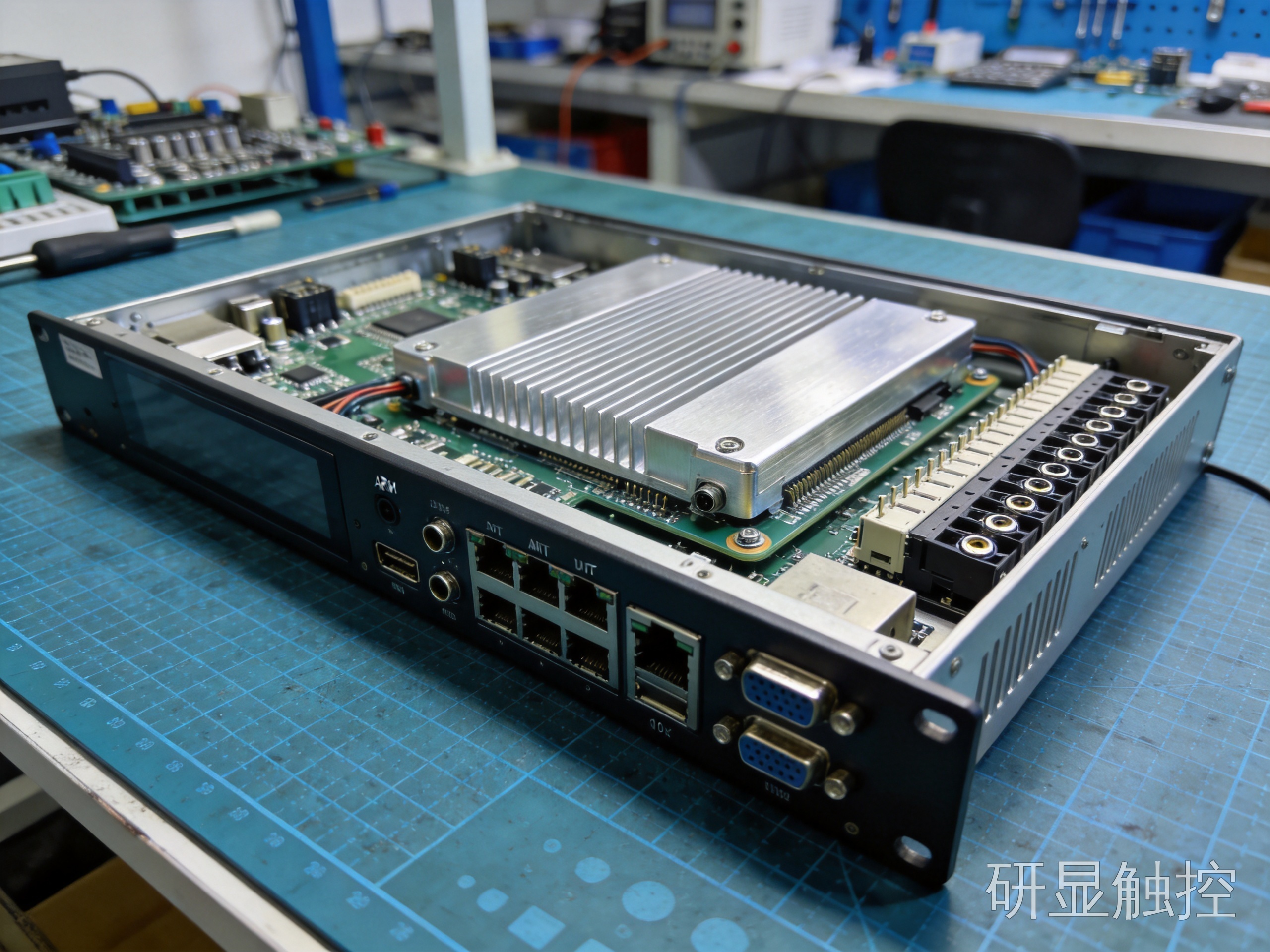 10寸工控一体机ARM架构主板与无风扇被动散热铝鳍片结构