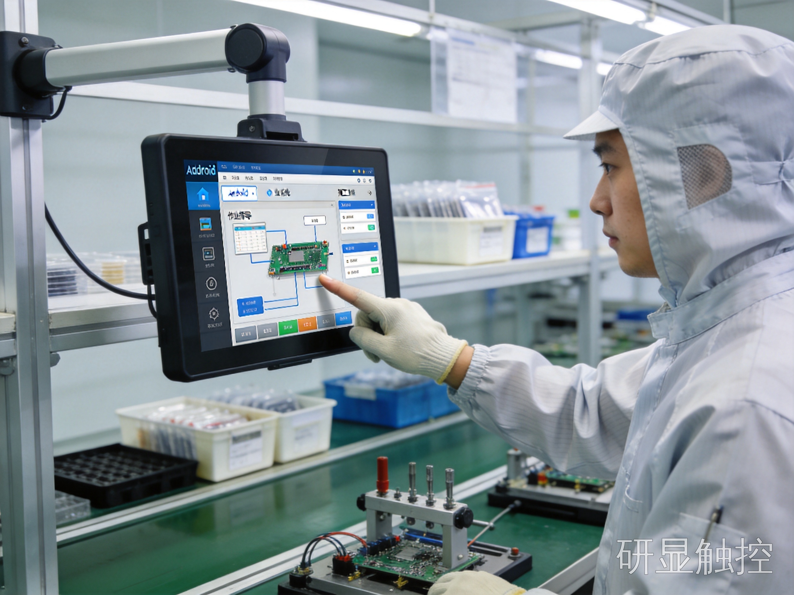 电子装配工位工人操作10寸工控一体机完成作业指导与报工