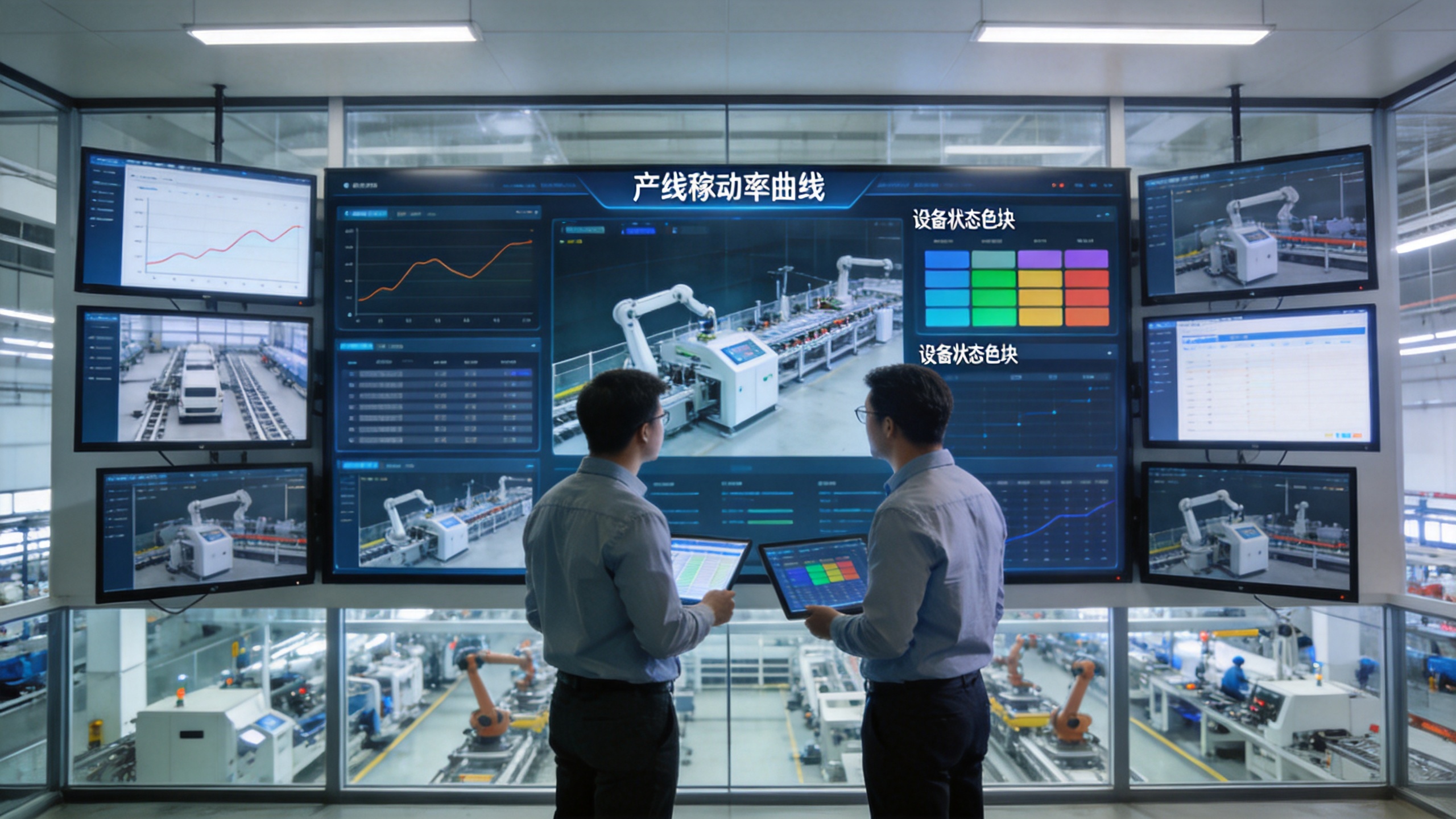 智能工厂中控室内的数字化生产看板与稼动率数据墙 智能工厂中控室内的数字化生产看板与稼动率数据墙