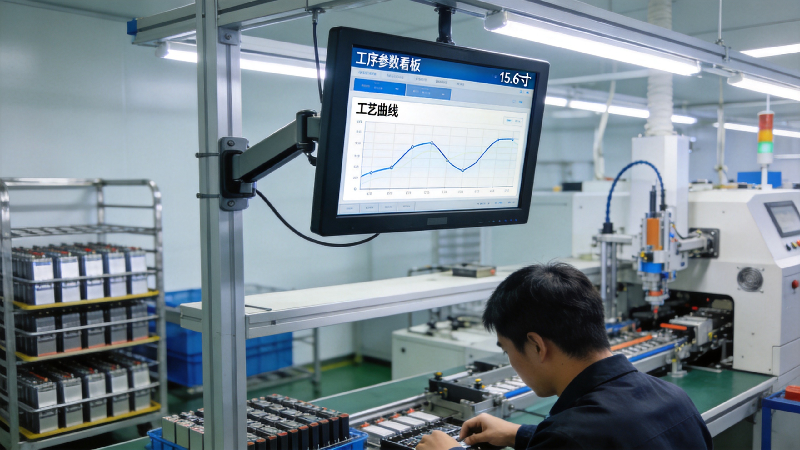 锂电装配区工位上方支架安装的工业触控显示器