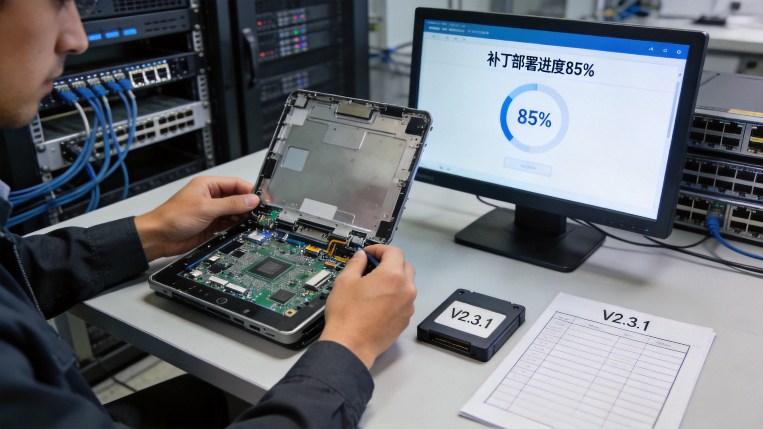 系统镜像与补丁升级 技术人员为工业终端执行系统镜像与安全补丁升级