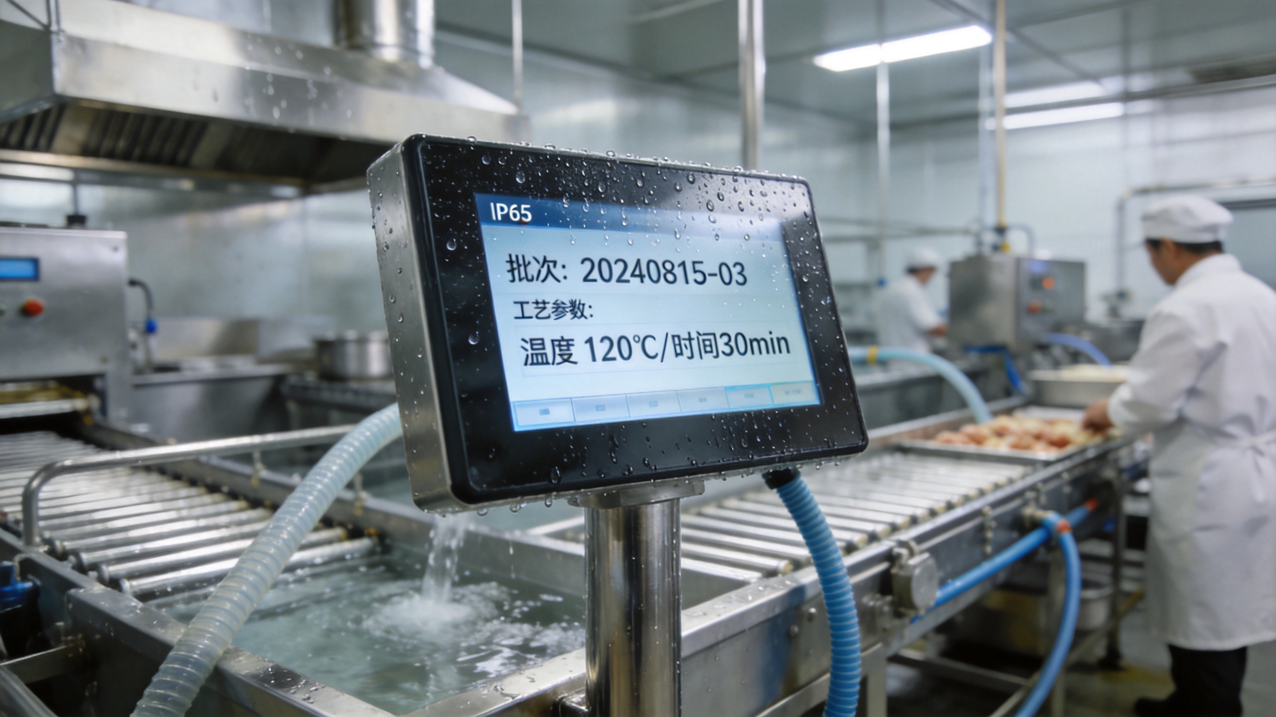 IP65全封闭防护终端 食品车间不锈钢立柱上壁挂安装的IP65全封闭工业触摸终端表面挂有水珠