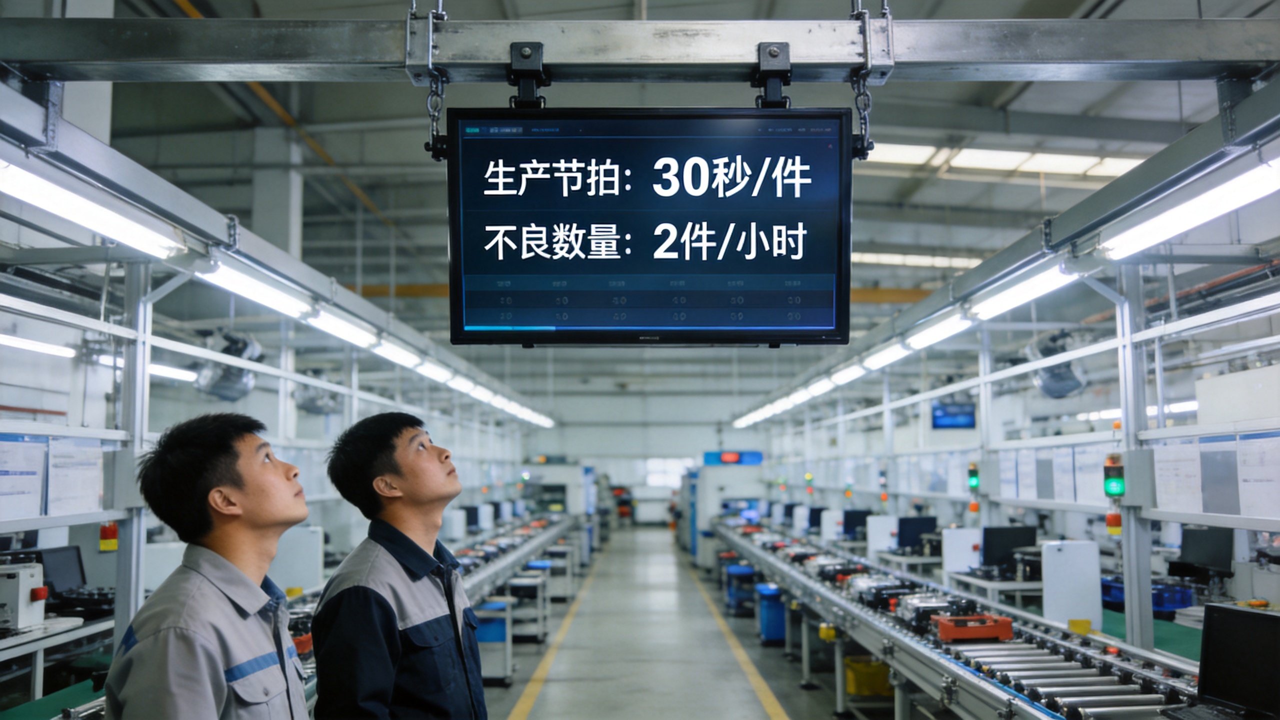 总装车间通道上方壁挂安装的大尺寸工业看板屏显示生产节拍
