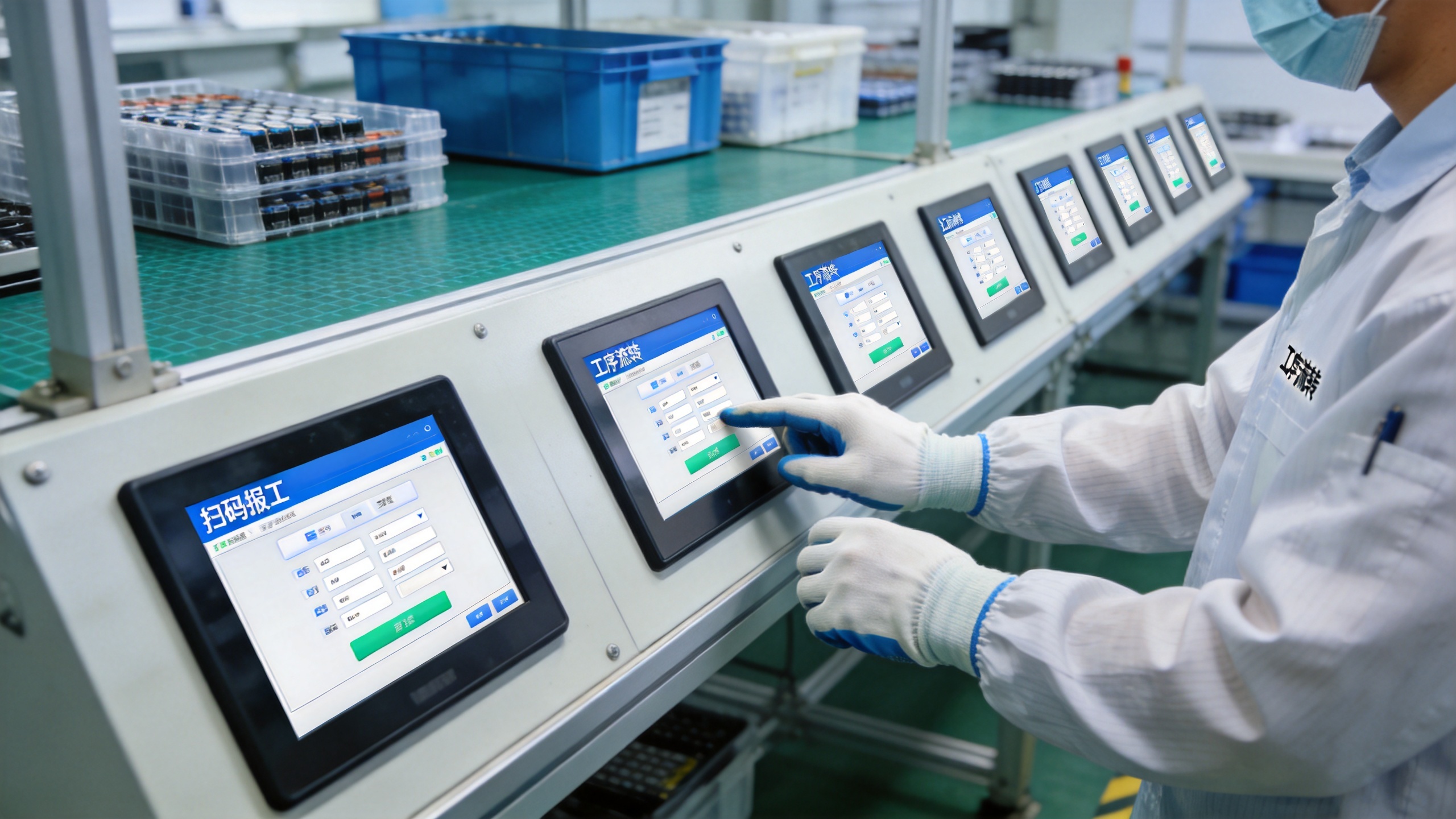 电子车间多工位并排安装的工业触摸一体机用于扫码报工