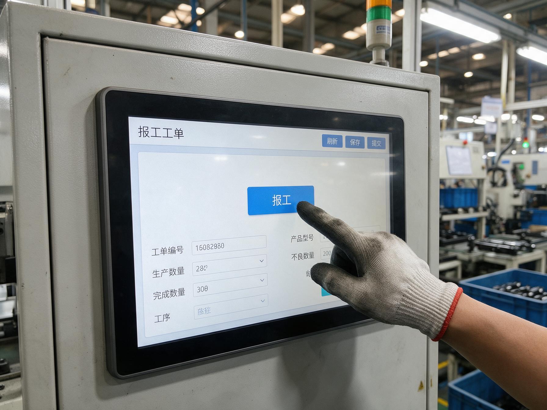 报工按钮的现场点击 15.6工业显示器嵌装在控制柜面板上,戴手套的操作工点击报工按钮