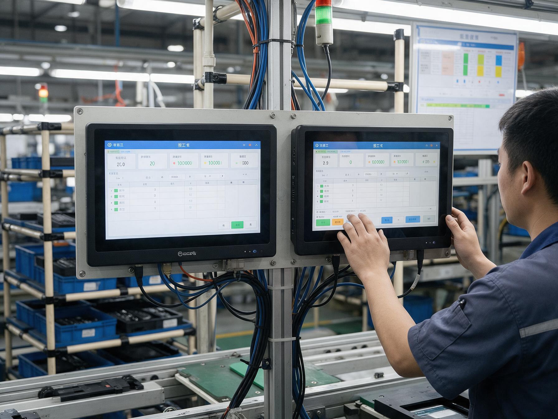 产线工位上新旧两台国产工业一体机双轨上报报工数据