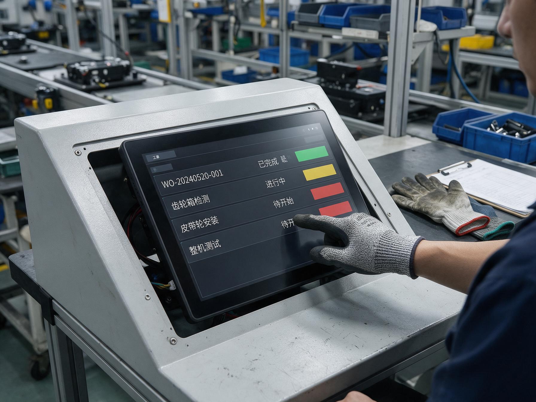 手套触控试样工位 装配调试台上嵌装的15.6工业显示器,戴手套的操作员正在触控试样