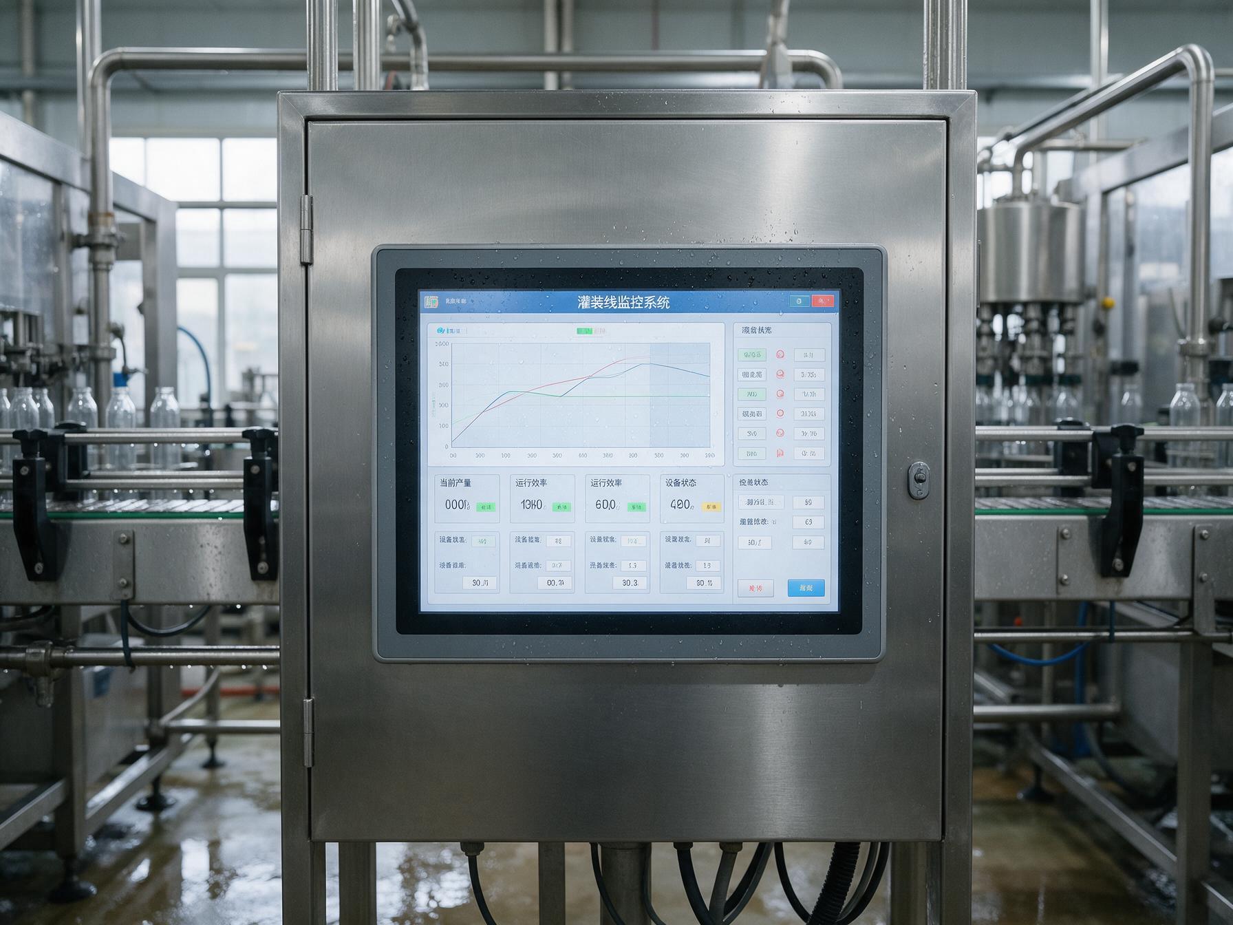 冲洗线上的水膜工况 灌装线控制柜上的15.6工业显示器,纯平密封面板挂着冲洗后的水珠