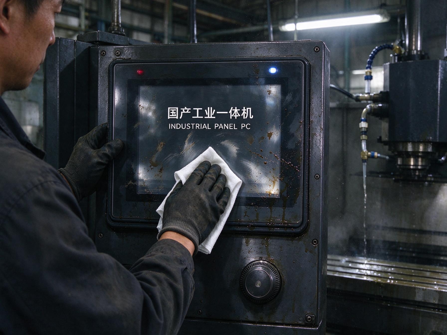 前面板清洁与密封检查 有机加工油污与粉尘的车间里一台国产工业一体机前面板正在清洁维护