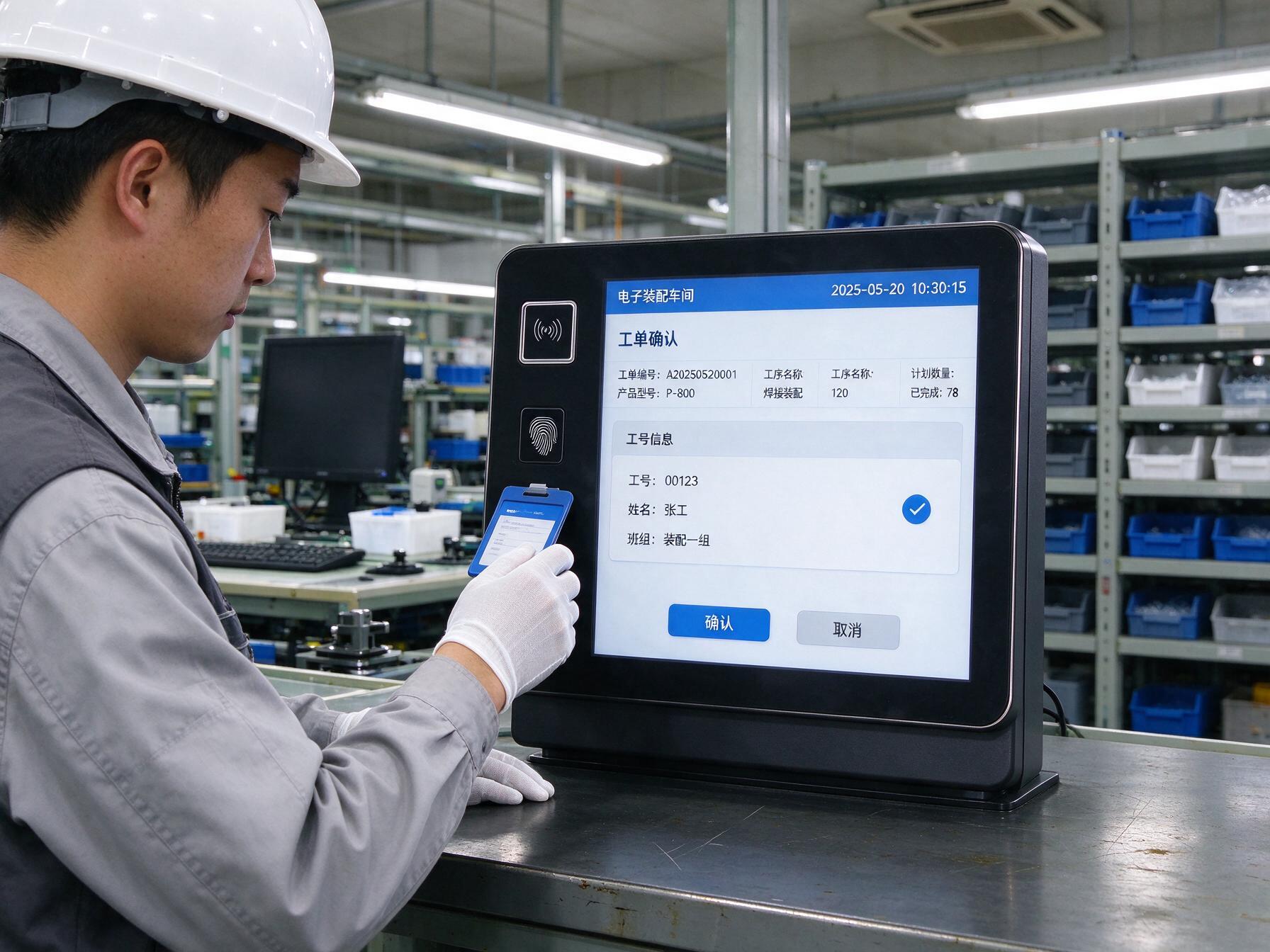 操作工戴手套在嵌入式安装的MES工位一体机前面板刷卡报工