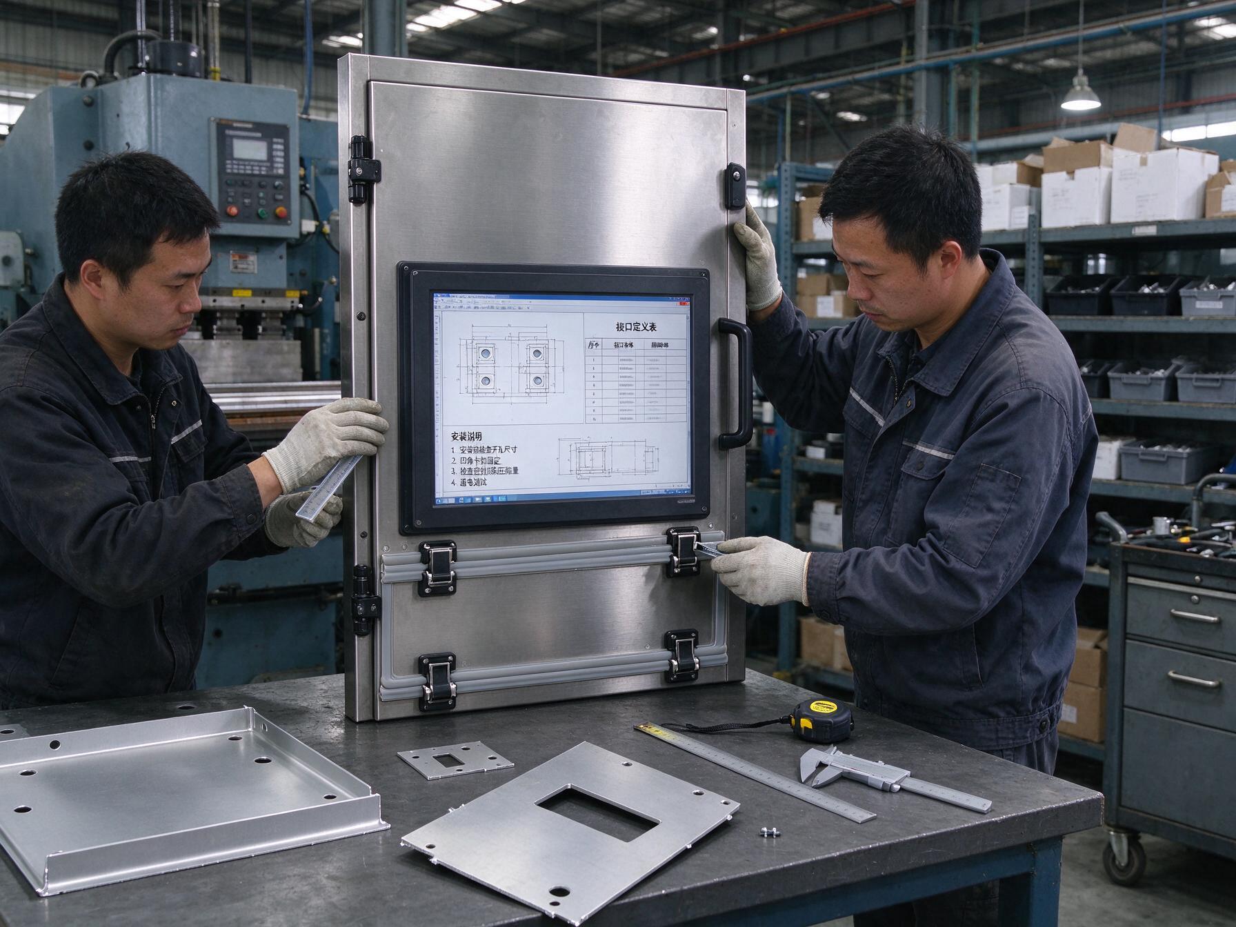 样板柜试装 样板柜门上嵌入安装的15.6工业显示器,工程师核对开孔尺寸与密封胶条