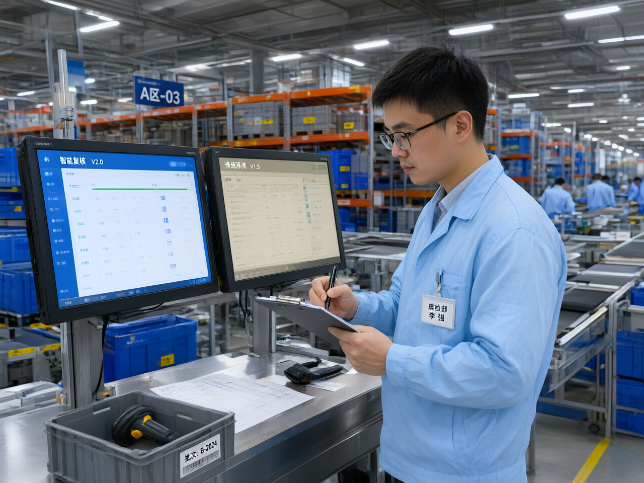 样机与既有终端并行验证 复核工位上两台15.6工业显示器并行运行,操作工在两屏之间比对数据