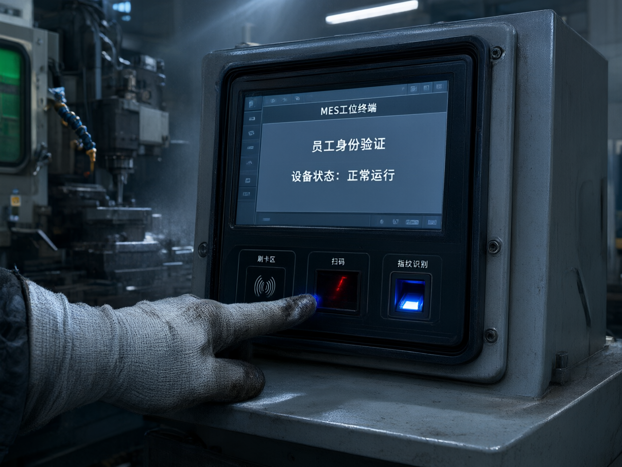 识别模块嵌进面板下方 机加工车间油污工位的mes工位终端一体机面板下方集成刷卡扫码与指纹识别模块