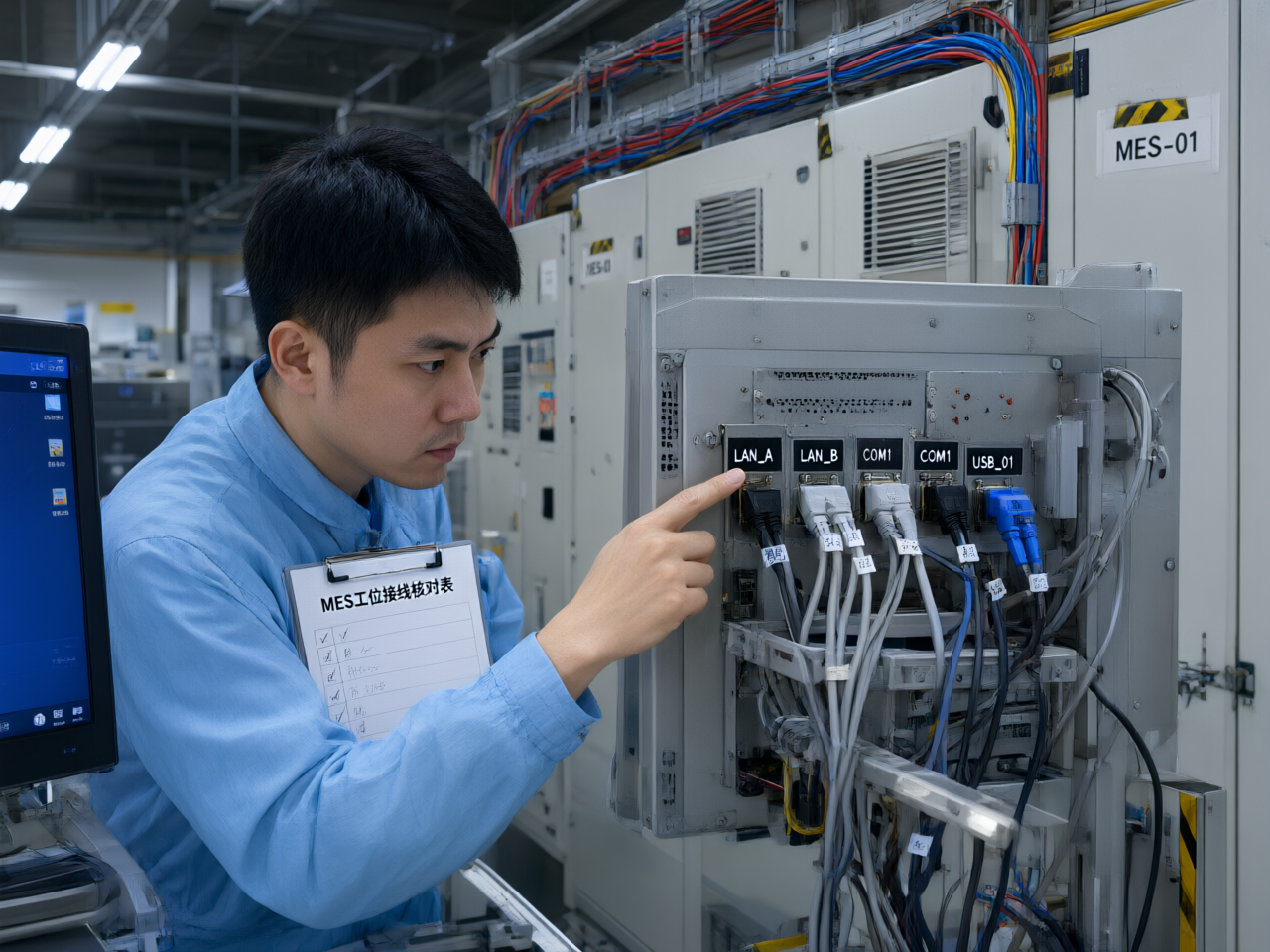 上线前的接口清单核对 工程师按清单核对mes工位终端一体机背部的串口与网口接线