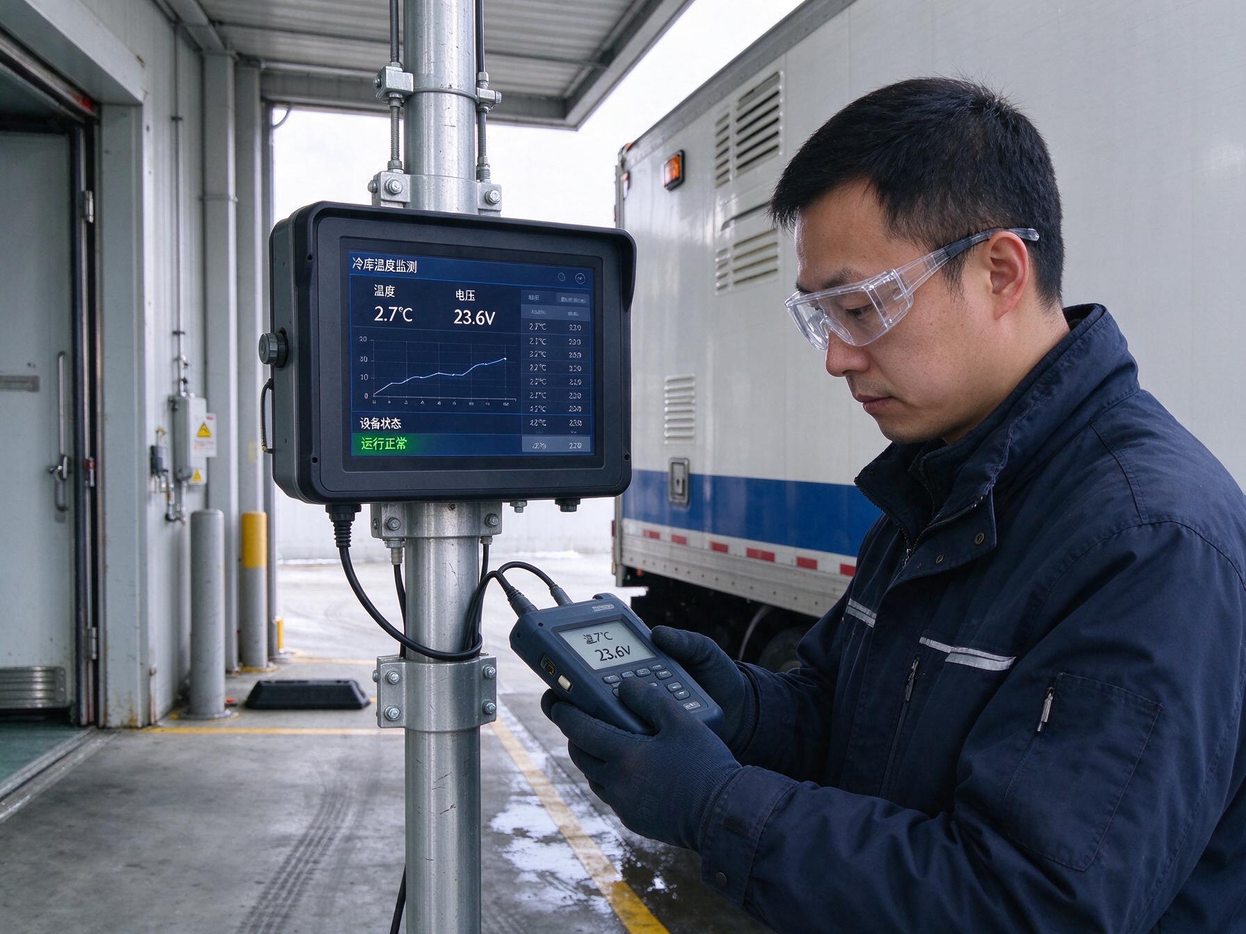 低温选型核验 工程师在冷库月台核验国产工业一体机运行参数