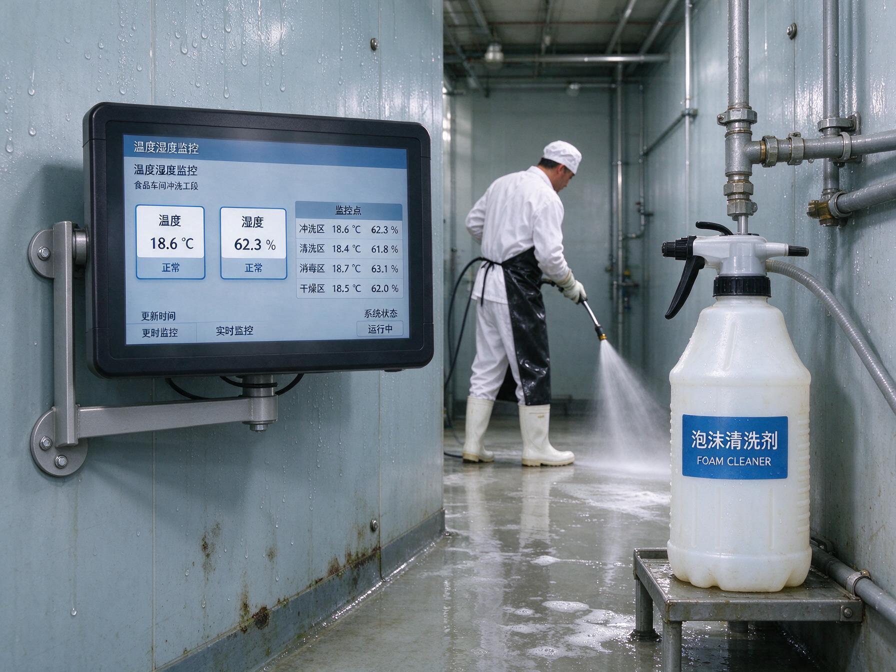 三重环境考验 壁挂安装的15.6工业显示器旁的清洗剂与防水管线